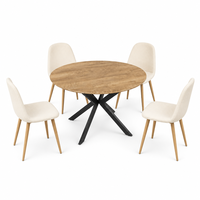 Table ronde durable avec plateau en bois anti-rayures et base en métal robuste en forme de X, acceptant les personnalisations dans n'importe quel style, couleur et matériau.