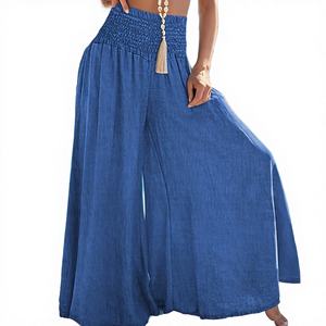 Pantalones Anchos Casuales de Tela Fluida, Ligeros, Cómodos y Transpirables, con Cintura Elástica, Largos, para Vacaciones, en Color Liso - Product Image 2