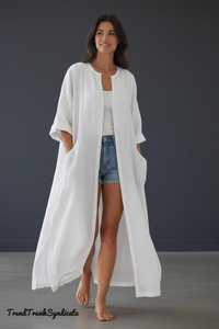 <b>White</b> Linen V-neck A-Line <b>Women's</b> Maxi Dress Robe Eco-Friendly Breathable <b>Belt</b> Long Cover Lounge Resort Wear B2B Wholesale - Product Image 2
