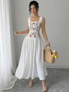 Summer <b>White</b> <b>Maxi</b> Regular Fit Natural Waist 100% Cotton Machine Embroidery Casual Short Sleeve Washable Pockets Dress for Women - Product Image 3
