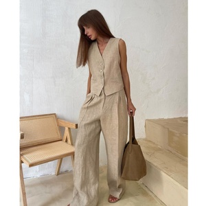 Ensemble de vêtements pour femmes en coton et lin mélangé, veste sans manches et <span class=keywords><strong>pantalon</strong></span> large, mode décontractée printemps-été, veste sans manches plissée, <span class=keywords><strong>pantalon</strong></span> taille basse - Product Image 1