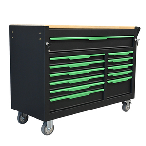 Premium Black and Green Rolling Tool Cabinet with 12 <b>Lockable</b> <b>Drawers</b> and Wooden Worktop for Garage Use - Product Image 1