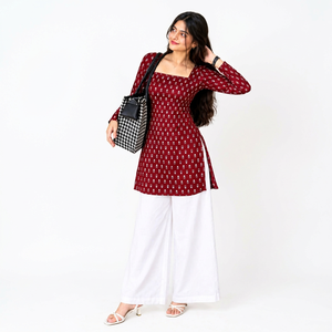 Floral Printed <b>Kurti</b> for Women | Elegant Ethnic <b>Indian</b> Wear | Maroon Cotton Kurta | Stylish Festive & Casual Outfit - Product Image 1