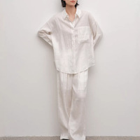 Ensemble chemise et pantalon 2 pièces en lin français, confortable et décontracté, coupe ample et simple, manches longues, en stock usine 2026