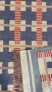 Tapis géométrique en laine et jute tissé à la main |   Tapis Bohème à Franges Bleu Rouge Crème pour Salon Chambre Décoration Maison - Product Image 6