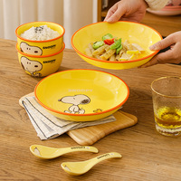 Service de table en céramique Snoopy, 4 pièces, pour 1 personne, comprenant bol, assiette, tasse, cuillère, avec boîte cadeau, vaisselle mignonne