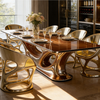 Ensemble de table à manger de luxe moderne, cadre en fibre de verre doré, plateau en marbre brillant, meubles, grand bureau rectangulaire pour villa