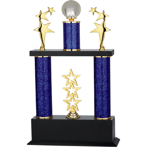 Trophée sportif modèle 524 avec colonnes bleues, étoiles dorées et boule de golf en haut, design métallique durable pour les jeux et les événements - Product Image 1