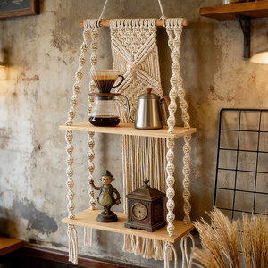 Scaffale Moderno in Stile Bohemien per <span class=keywords><strong>Libri</strong></span> e Piante, Portaoggetti da Parete in Legno e Tessuto Intrecciato a Mano per B&B e Soggiorno - Product Image 4