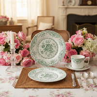 Service de table en céramique vert floral vintage personnalisé, assiettes, bols, tasses à thé et soucoupes en porcelaine fine de diverses formes