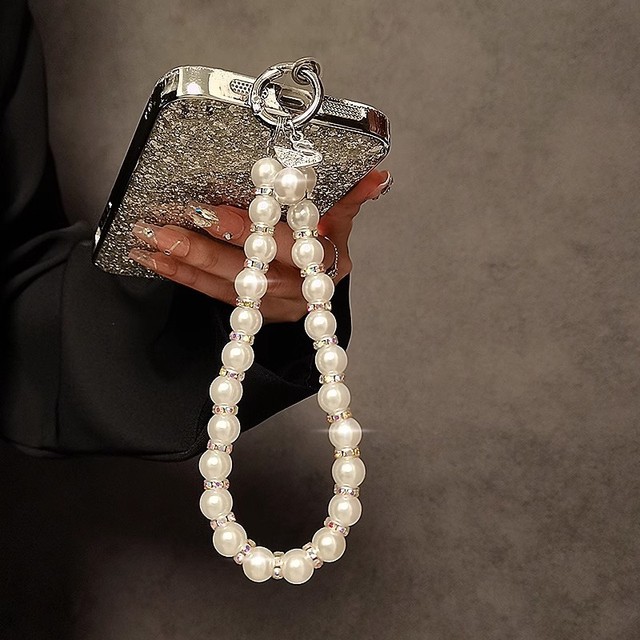 Luxury Retro Rhinestone Pearl Beaded Keychain Bracelet Lanyard Phone Charm Mobile Phone Wrist Strap Anti-Lost Pendant