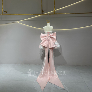 JFH75 ชุดราตรีมินิเดรสคอเรือสีชมพูมีสไตล์พร้อมโบว์ - Product Image 2