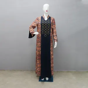 CY500264 Printed Loose Elegant Fashion Abaya Color Block Robe Women Muslim Dress