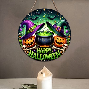 Feliz Halloween: Colgante Redondo de Madera para Puerta con Diseño de Bruja, Caldero, Calabaza y Murciélago, Letrero para Puerta Principal, Decoración de Pared para Fiesta de Halloween, Venta al por Mayor - Product Image 3