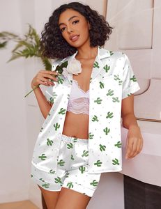Ensemble de pyjama en satin de soie pour femmes, motif <span class=keywords><strong>cactus</strong></span>, col rabattu, manches courtes, haut boutonné, shorts, vêtements de détente, 2 pièces, lavable en machine - Product Image 2