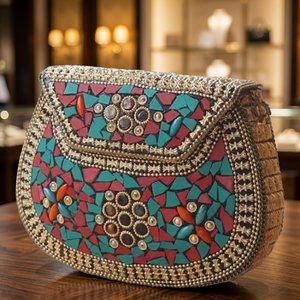 Sac à bandoulière rectangulaire en résine mosaïque perlée fait main avec motif pierre rouge et verte, pochette de soirée |   Artisanat en résine - Product Image 1
