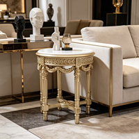 Table d'appoint console française en bois massif antique, sculptée à la main, avec plateau en marbre naturel de luxe, table d'appoint ronde rustique