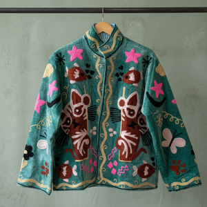 Wholesale Handmade Velvet Cat Mouse Embroidered Jacket <b>Women</b> Boho Winter Short <b>Coat</b> Cute Animal Motif Vintage Ethnic Casual - Product Image 1