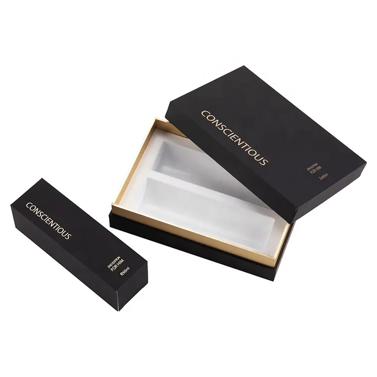 Custom Luxury Rigid Gift Perfume Makeup Cosmetic Lotion Black Lid And Base Paper Packaging Box With Blister