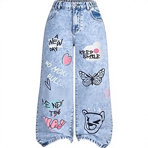 Girls High <b>Waist</b> Wide Leg Heart Patch Dark/Light Washed Denim <b>Jeans</b> Loose Fit Y2K Style Casual for Kids XS-XL - Product Image 1