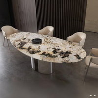 Table à manger en marbre Pandora poli de haute qualité, forme ovale spéciale, table de restaurant de luxe pour projet d'aménagement intérieur haut de gamme
