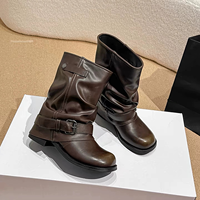 Bottes de motard vintage noires en similicuir pour femme, à bout rond, avec bride à boucle, mi-mollet, style décontracté, faible MOQ, ODM