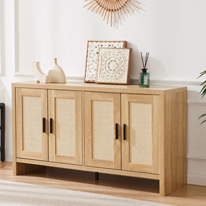Buffet en bois et rotin de style farmhouse avec rangement, portes et étagères réglables pour cuisine, salon et salle à manger - Product Image 1
