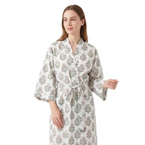 Albornoz Kimono de Algodón Estampado Floral para Mujer al por Mayor, con Cuello en V, Cinturón, Manga Larga, Transpirable, Suave y de Secado Rápido - ¡En Stock! - Product Image 1