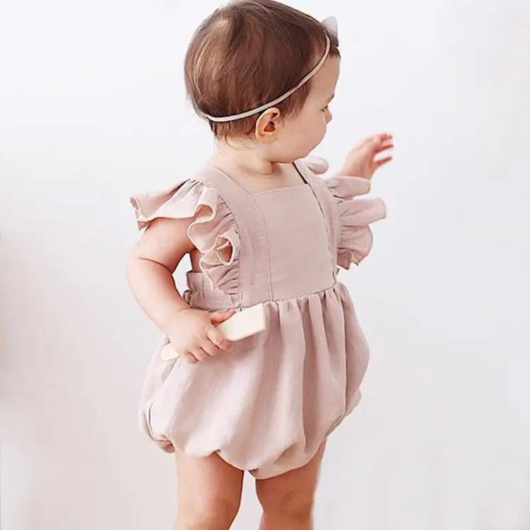 Hot sale Boutique Newborn Baby Girls Flutter Ruffle Romper Blank Onesie Baby Clothes Cute Plain Baby Linen Bubble Rompers