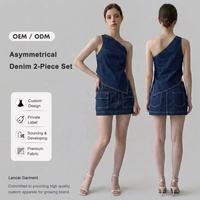 Ensemble coordonné en jean personnalisé : Haut asymétrique à une épaule et mini-jupe cargo, ensemble 2 pièces avec surpiqûres contrastées, usine OEM ODM