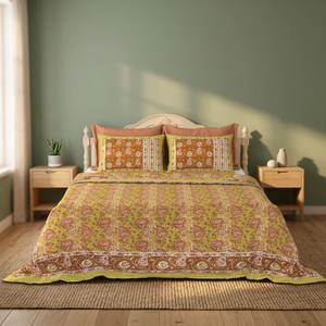 Parure de lit en coton imprimé floral ethnique King Size, blanche, fabriquée à la main à Jaipur, Inde, avec 2 taies d'oreiller - Product Image 2