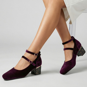 Low Chunky <b>Glitter</b> Heels Women Square Toe Shoes Basic Big Size 45 Dress office Shoes Double Strap Buckles Suede Working Pumps - Product Image 2