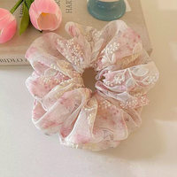 Chouchou romantique à imprimé floral en dentelle, élastique à cheveux surdimensionné en organza transparent, accessoires capillaires style Fairycore, personnalisable en usine
