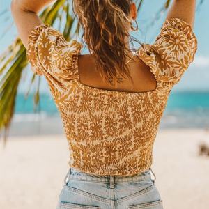 Top court à manches bouffantes élastiques à col carré imprimé hawaïen d'été OEM, top court en rayonne pré-lavé de haute qualité - Product Image 2