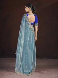 Conjunto de Sari Tradicional de Seda para Mujer, Color Dorado Mono Diamante, Hermoso Bordado Floral, Lentejuelas, Borde Calado, Secado Rápido, para Toda Ocasión - Product Image 4