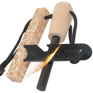 Outdoor Gift Set For Men 10mm Thick Wood Handle Ferrocerium Rod Fire Starter With Fatwood Stick
