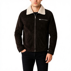 <b>Men's</b> Brown <b>Suede</b> Leather <b>Jacket</b> Stand Collar Breathable Zipper Closure Windproof Casual Winter Coat Regular Fit High Street - Product Image 1