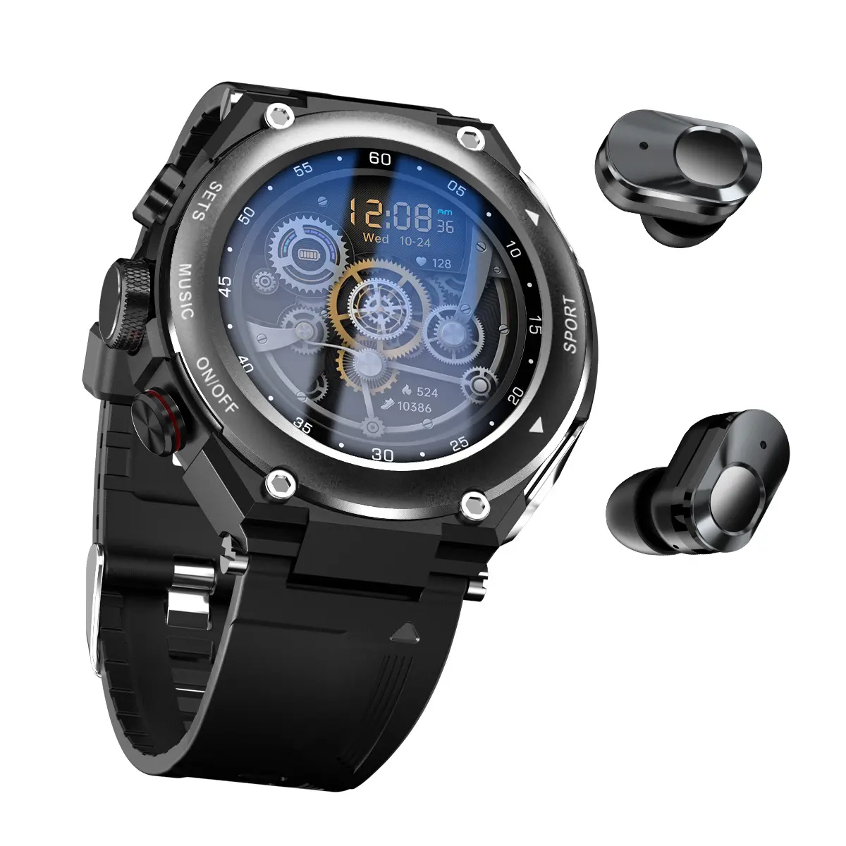 Met Verborgen Oordopjes Groot Full Touch Screen Mannen Fitness Sport 2 In 1 Zwarte Tws Draadloze Bluetooth Smart Watch