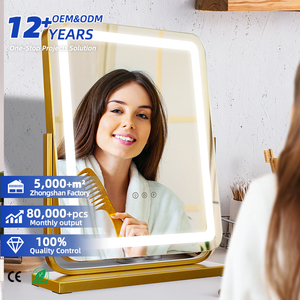 Modern Minimalist Desktop Touch Button Cosmetic <b>Mirror</b> Silver Metal Frame LED <b>Light</b> Large Glass Non-Rotatable Design - Product Image 1
