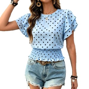 T-shirt girocollo stampata <span class=keywords><strong>a</strong></span> <span class=keywords><strong>pois</strong></span> con arricciature, stile europeo-americano, nuova collezione Primavera/Estate 2026 per il commercio transfrontaliero - Product Image 5
