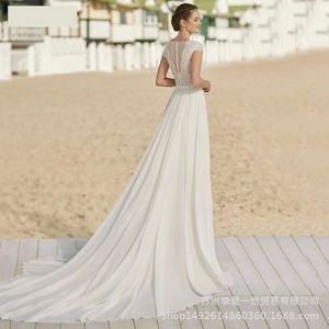 White Sheath Wedding Dress V-neck Lace Slim Fit Long Train Elegant Bridal Gown - Product Image 3