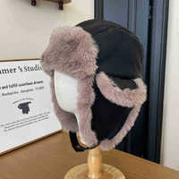 Chapeau d'aviateur d'hiver en cuir PU épais avec doublure polaire résistant au froid pour le cyclisme Protection des oreilles Style nord-est Pull en peluche