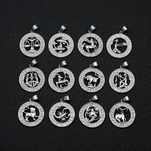 Collar de Moda con Colgante Hueco de Acero Inoxidable Estilo Vintage con Signos del Zodiaco en Relieve <span class=keywords><strong>y</strong></span> Cadena de Bambú para Parejas - Product Image 2