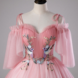 Pink Off The Shoulder Ball Gown Chiffon Prom Dress With Floral Embroidery Empire Waistline - Product Image 3