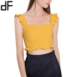 OEM estate Casual fantasia canotta camicie per le donne <span class=keywords><strong>senape</strong></span> di lino giallo svolazzare cinturino in <span class=keywords><strong>camicia</strong></span> Sexy Top corto con motivo intrecciato - Product Image 2