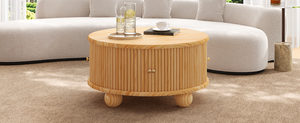 Modern Durable Round Fluted Coffee Table with Storage Pine <b>Solid</b> <b>Wood</b> Sliding Door Living Room Furniture - Product Image 5