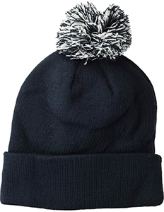 Gorro de Punto Acrílico Negro Unisex con Pompón, Color Sólido, con Borde Plegado, para Invierno, Uso Casual, Talla Adulto 56-58CM - Product Image 1
