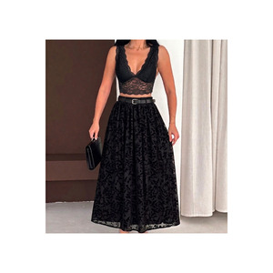 Women's Black Flock Printed Tulle Skirt <b>Elastic</b> Waist With Belt 100 Cm Length - Product Image 1