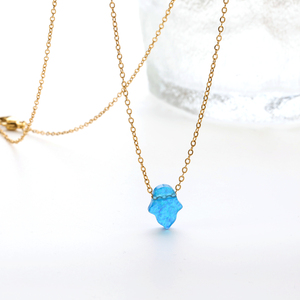 Collana con Ciondolo Mano <span class=keywords><strong>di</strong></span> Fatima in Acciaio Inossidabile Placcato Oro 18k con Pietra Opale Blu, Gioielli alla Moda per Donne - Product Image 3