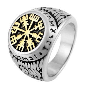 yunnique Viking Punk Men's <b>Titanium</b> Steel <b>Ring</b> Two-Tone Steel Compass Pattern Geometric Design Gift Jewelry - Product Image 5